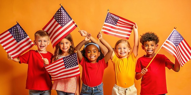 Cheerful Children with American Flags Celebrating Independence Day Outdoors