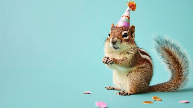 A Cheerful Chipmunk in a Party Hat at a Birthday Party