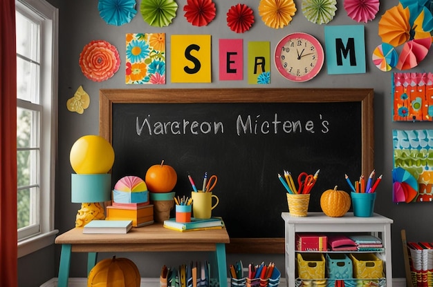 Photo cheerful classroom decor and back to school essentials on background