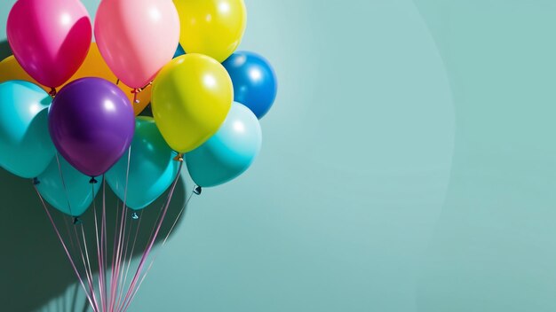 Cheerful Cluster of Colorful Helium Balloons Against Light Teal Background Soft Lighting Enhancing Glossy Texture Evoking Celebration and Joy generative ai