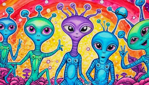 Photo cheerful company of aliens on bright psychedelic surreal colorful background