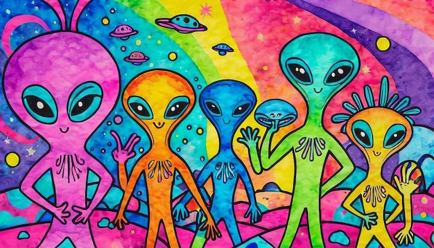 Cheerful company of colourful friendly aliens on bright psychedelic background