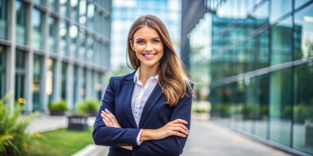 A cheerful and confident young businesswoman standing outside with a bright smile arms crossed exu