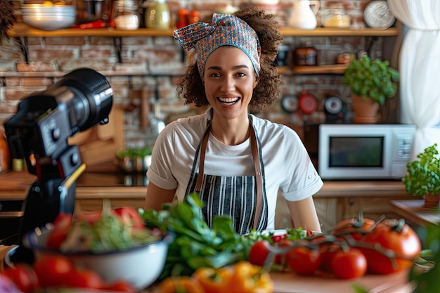 Photo cheerful cooking vlogger livestreaming her video blog to followers