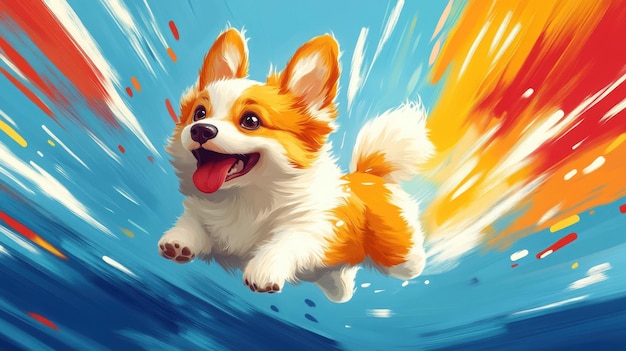 A cheerful corgi puppy joyfully leaps against a vibrant blue backdrop with dynamic abstract elements capturing an energetic and playful spirit in a minimalist style