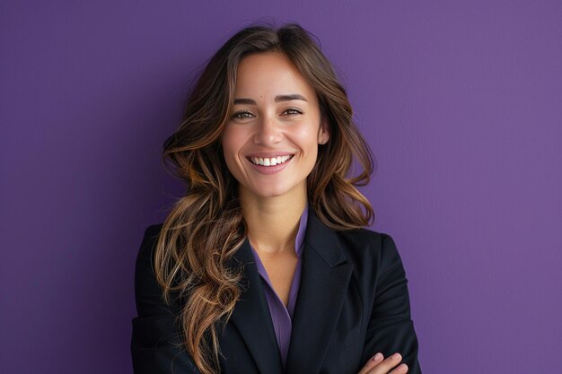 Photo a cheerful corporate woman radiating positivity on a solid purple background