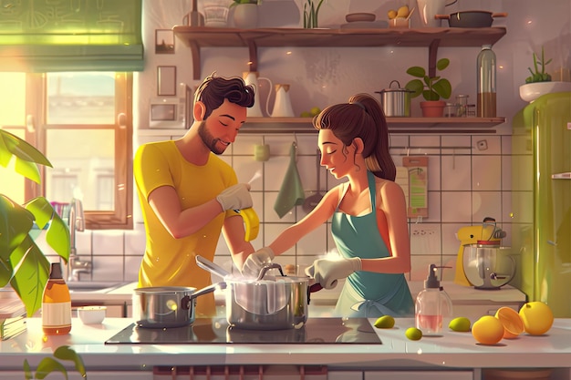 Cheerful couple cleaning kitchen together