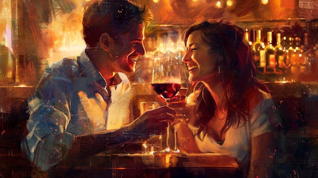 cheerful couple drinking wine and celebrating a date