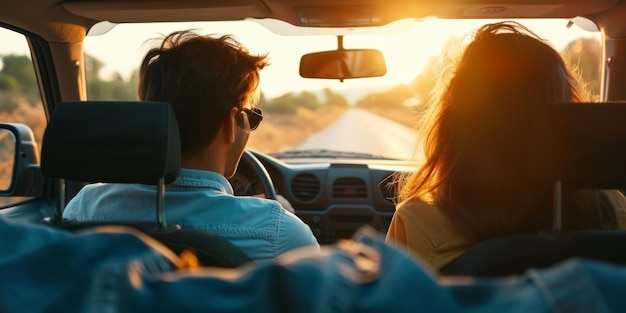 Cheerful Couple Enjoying Car Ride Together Seen From Behind