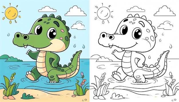 Cheerful Crocodile Colorful and LineArt Versions for Kids Coloring Fun