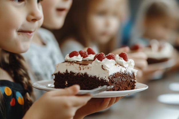 Photo cheerful crowd eating a delicious cake together