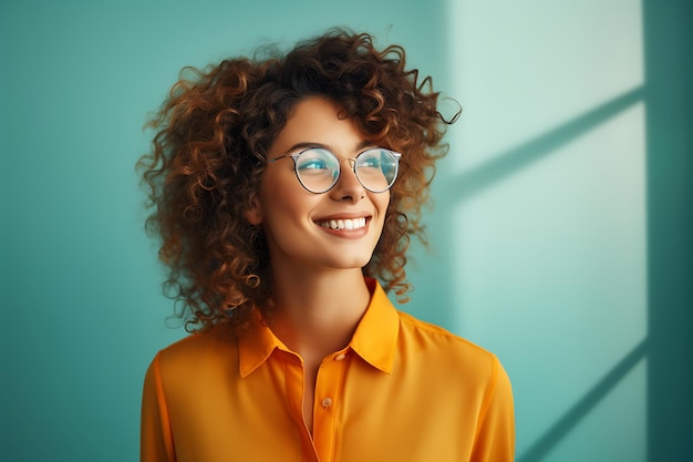 Cheerful Curly Business Girl Wearing Glasses