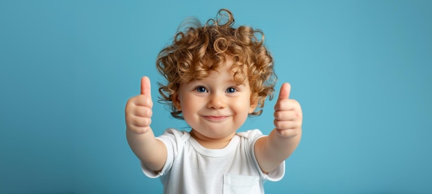 Cheerful curlyhaired boy showing thumbs up on blue background