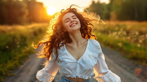 Photo cheerful curlyhaired girl joyfully breathes freedom outdoors in white blouse and shorts