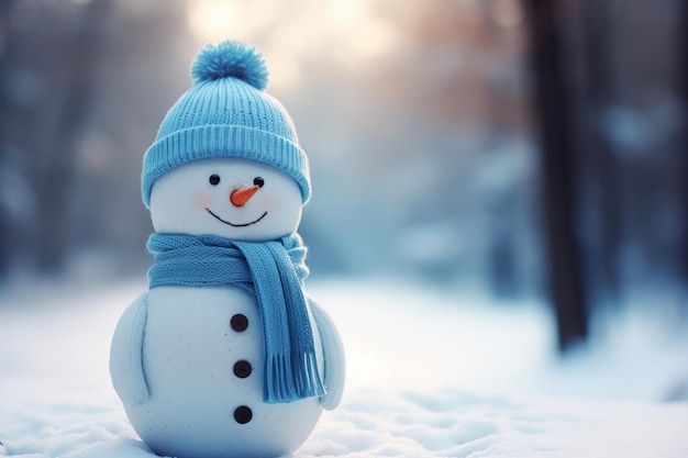 Cheerful cute snowman in a hat and scarf in the winter forest at sunset closeup