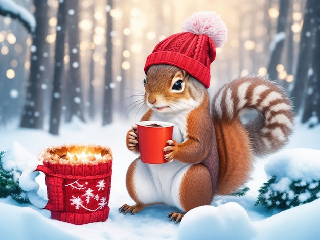 A cheerful cute squirrel in a knitted hat drinks cocoa from a cup against the background of a winter forest with fir trees snow and colorful lights Postcard for the New Year holidays