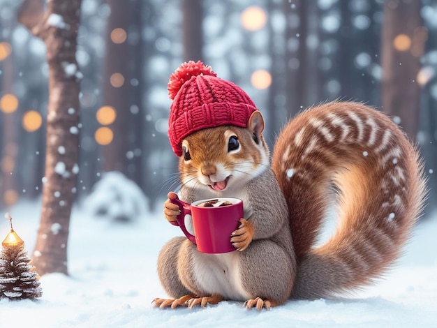 A cheerful cute squirrel in a knitted hat drinks cocoa from a cup against the background of a winter forest with fir trees snow and colorful lights Postcard for the New Year holidays