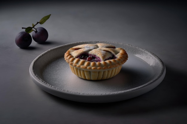 Cheerful delicious plum mini pie in plate on gray background