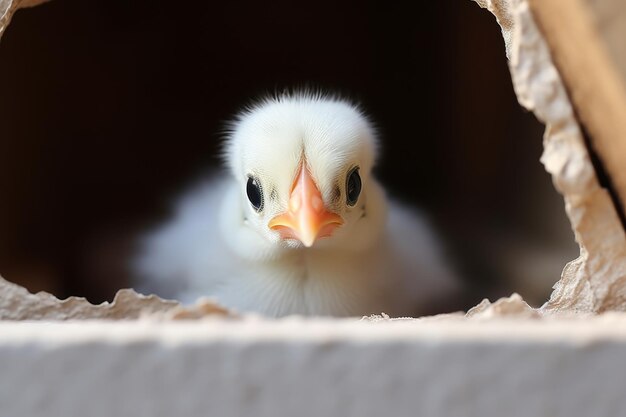 Cheerful and delightful baby chick peering with happiness from a cracked eggshell