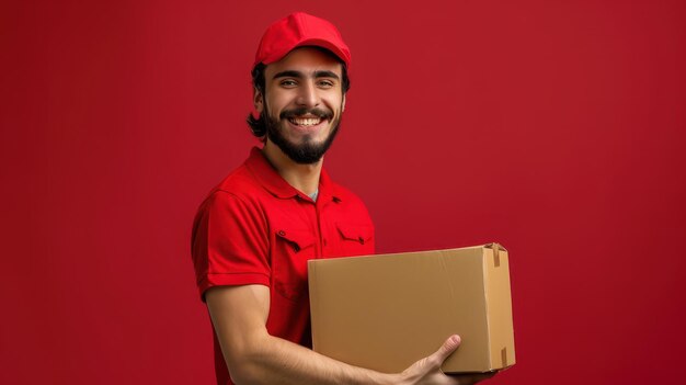 Cheerful Delivery Man in Red Uniform Holding a Cardboard Box Against a Red Background