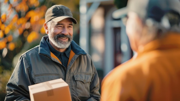 Photo a cheerful delivery man with a gray beard holding a package interacting with a customer outdoors during a sunny autumn day