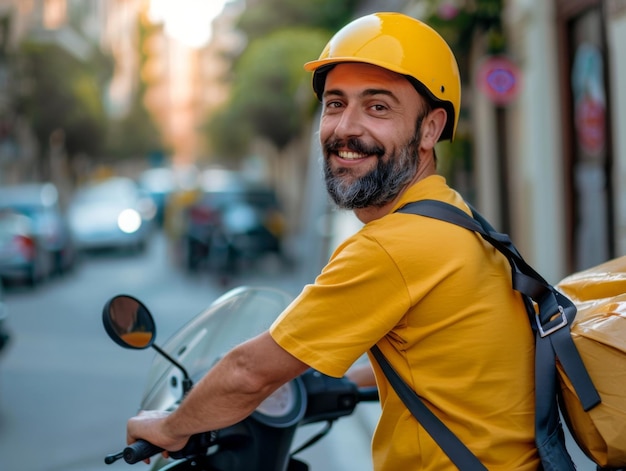 A cheerful delivery rider wearing a yellow helmet and shirt rides a scooter with a backpack through