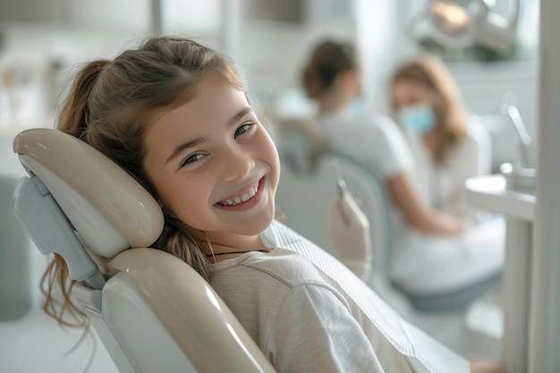 Photo cheerful dental clinic scene focusing on a young girl smiling contentedly in a dental chair