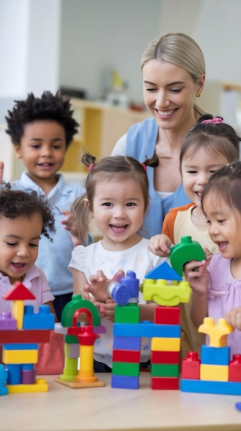 Photo cheerful diverse kids playing with colorful building block toys in kindergarten