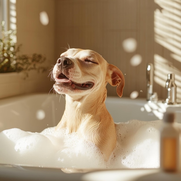 Photo cheerful dog in a bubble bath with a sunny window view