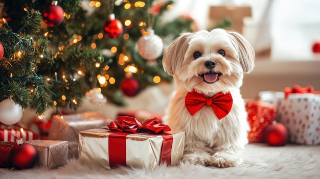 A cheerful dog dressed as a Christmas gift wrapped in shiny paper and adorned with a big bow sitting under a Christmas tree