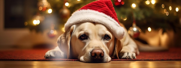 Cheerful dog labrador sits against christmas background Banner Generative AI