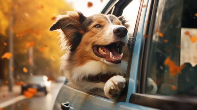 A cheerful dog leans out of a car window capturing the excitement and joy of a fun and adventurous road trip with its furry friend