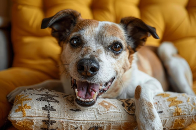 Cheerful dog lounging on couch