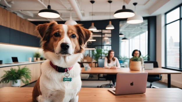 Photo a cheerful dog in a modern office setting with professionals working