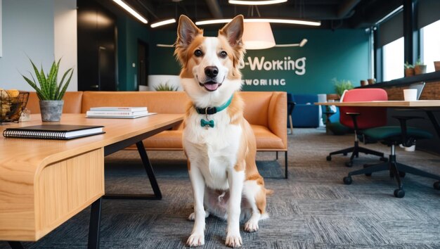 Photo a cheerful dog in a modern office setting with professionals working