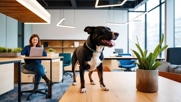 Photo a cheerful dog in a modern office setting with professionals working