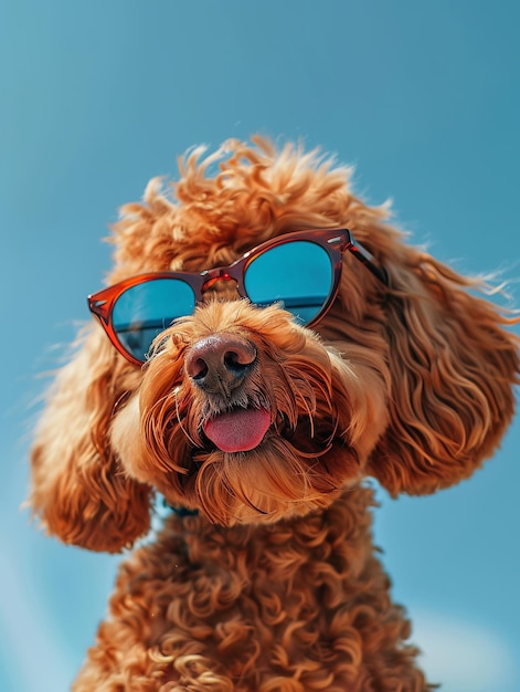 Cheerful dog wearing stylish sunglasses enjoying a sunny day outdoors with a clear blue sky in the