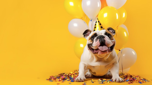 Cheerful dog with a birthday cap on a festive yellow background with balloons