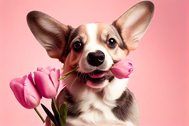 Cheerful dog with spring tulips Generative AI Generative AI