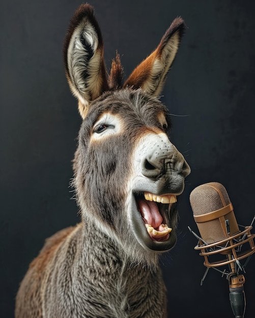 Cheerful donkey singing song microphone in music studio Banner donkey musician on black background