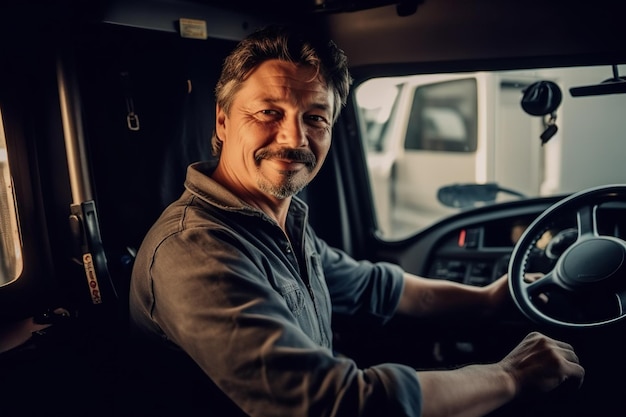 A cheerful driver sits in the cab of a truck enjoying the open road and the freedom that comes with it Generative AI