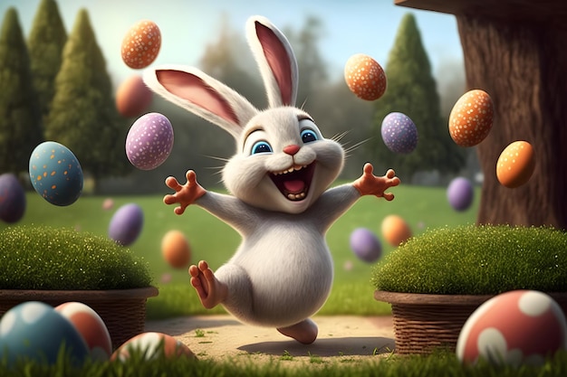 Cheerful easter bunny in the garden falling colored eggs Generative AI