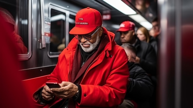 Cheerful elderly african american man laughing and messaging on smartphone in new york subway