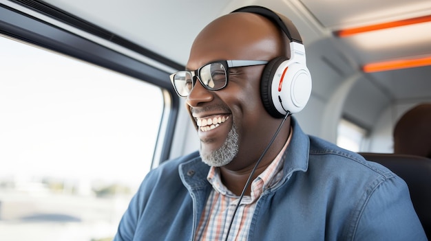 Cheerful elderly african american man texting and laughing on new york subway train