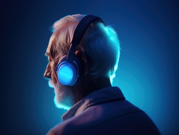 Cheerful elderly man with headphones view from the back on a blue background Generative Ai