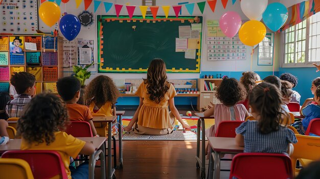 Cheerful elementary school teacher sits on floor in front of blackboard in classroom full of s