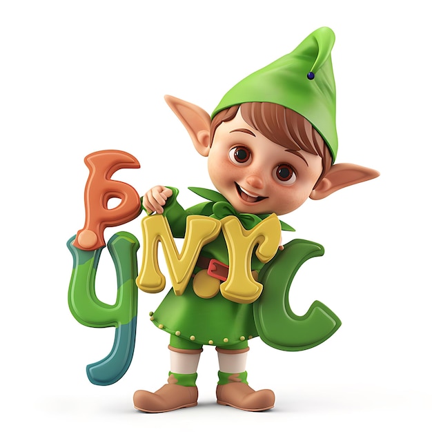 Photo cheerful elf holding the word fun in 3d letters