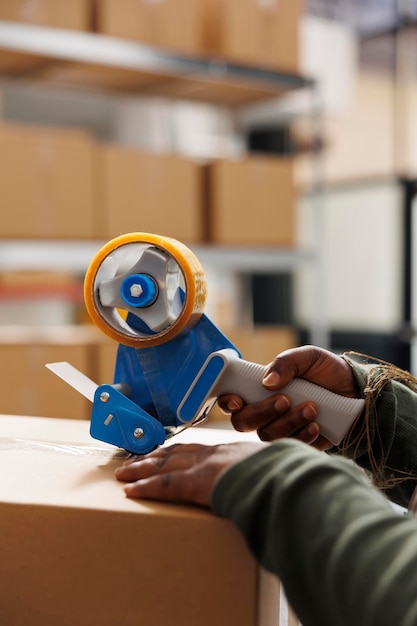 Cheerful employee using adhesive tape to pack cardboard box preparing clients packages for delivery in warehouse Storage room supervisor wearing industrial overall working at online orders Close up