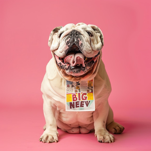 Photo a cheerful english bulldog with a happy face sitting proudly with a poster hanging around its neck