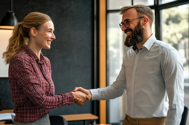 A cheerful entrepreneur shaking hands with a clien